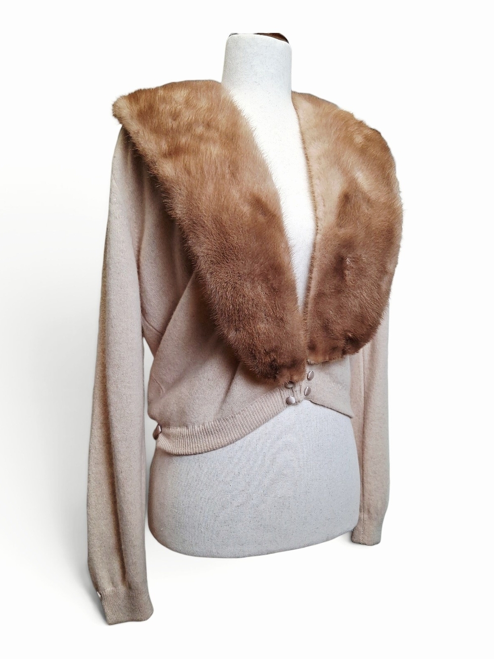 Vintage Dalton 100% Virgin Cashmere Mink Fur Collar Cardigan Sweater Beige M/L